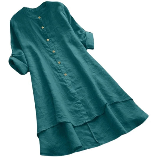 Women's Long Cotton Linen irt Blouse Top Pure Color Stand Collar Button Sve Polyester Fiber Mid-Length Gored Hem