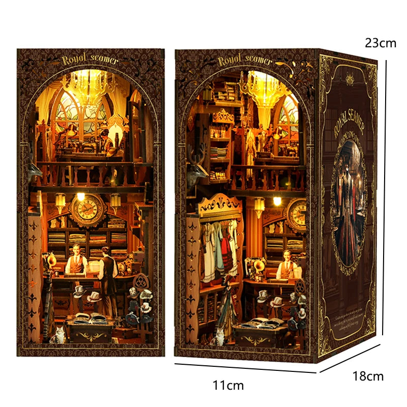 DIY Book Nook Kit Bookend Kit Wooden Doll House Bookshelf Insert Decor With Warm Light 3D Puzzle Assembly Building Model Gifts