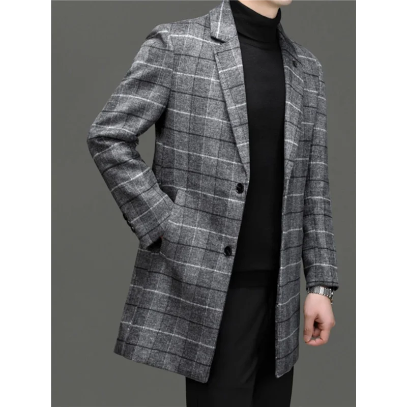 Men's Tweed Coat Spring Autumn Plaid Woolen Windbreaker Youth Mid-Length Casual Handsome High-End Jacket Male Model