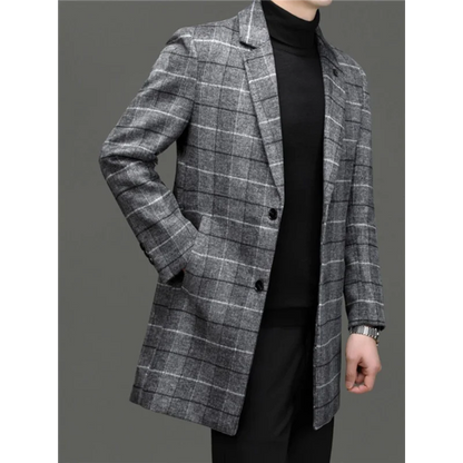 Men's Tweed Coat Spring Autumn Plaid Woolen Windbreaker Youth Mid-Length Casual Handsome High-End Jacket Male Model