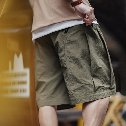 Maden Casual Green Pocket Shorts Men's Summer Lightweight Woven Straight Leg Shorts Elastic Waist Retro Street Versatile Bottoms