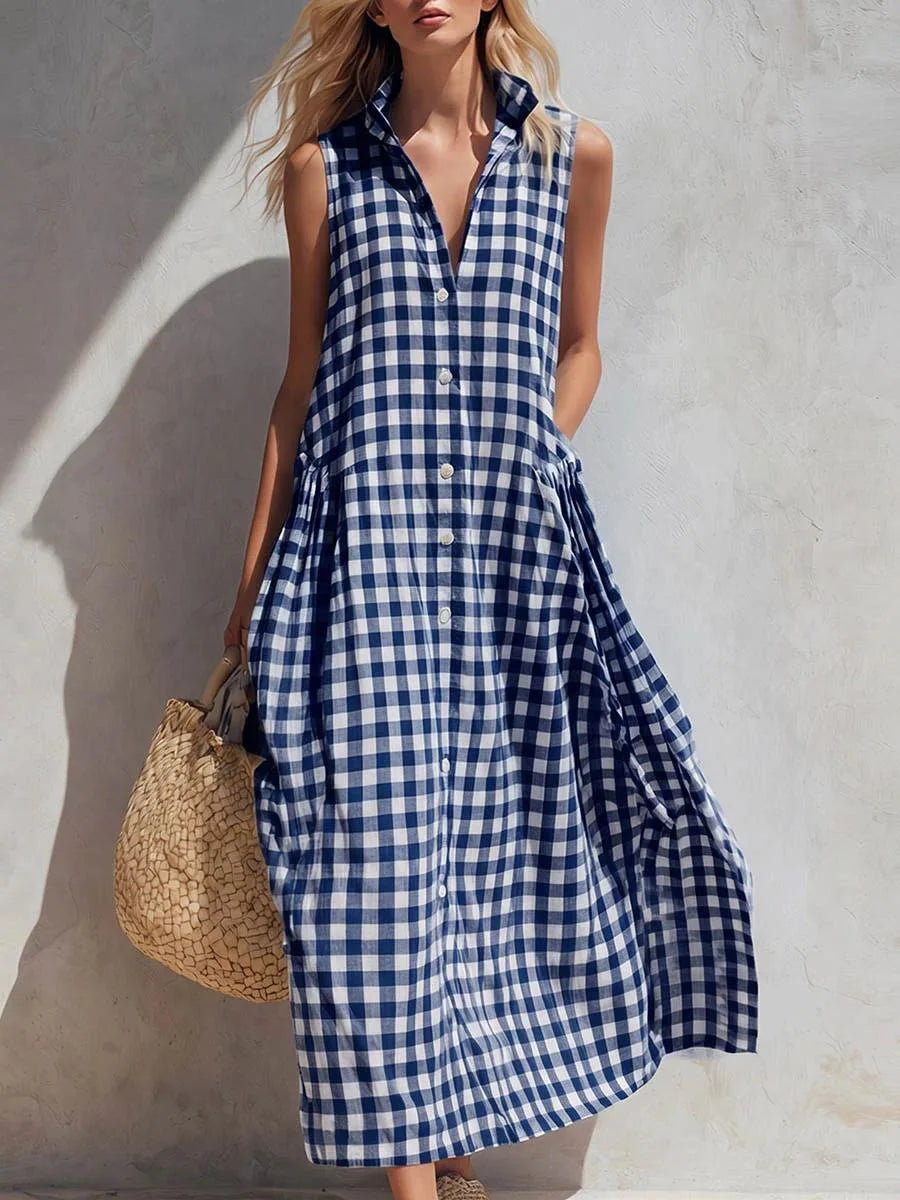 2026 Women Vintage Plaid Dress Sleeveless V-Neck Loose Midi Dresses French Retro Summer Beach Vacation Casual Chic Boho Sundress