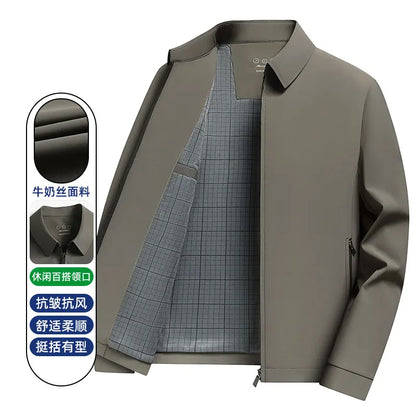 2026 New Men's Spring Lapel Zip-Up Jacket Spandex Fabric Casual Business Outerwear Windproof Anti-Wrinkle Coat