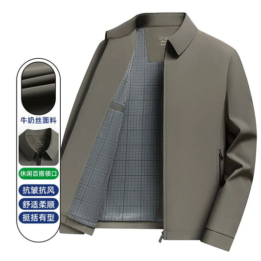 2026 New Men's Spring Lapel Zip-Up Jacket Spandex Fabric Casual Business Outerwear Windproof Anti-Wrinkle Coat