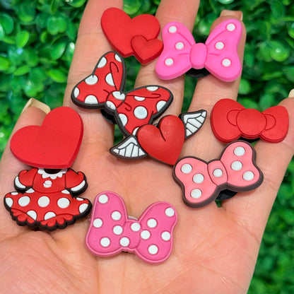 9-100PCS Cartoon Red Dress Bow Heart PVC Sandals Garden Shoe Charms Decorations DIY Bracelets Slipper Accessories Party Gift