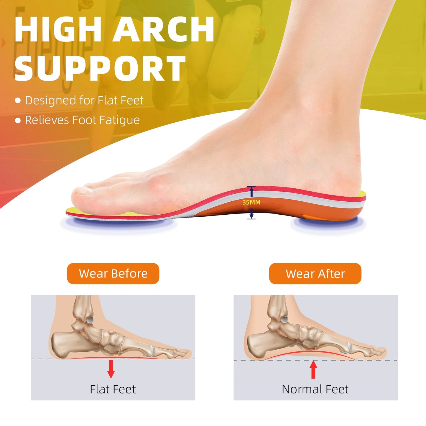 Plantar Fasciitis Relief Insole High Arch Supports Orthotics Inserts, Orthopedic Flat Feet Pads Heel Pain Work Boot Shoe Insoles