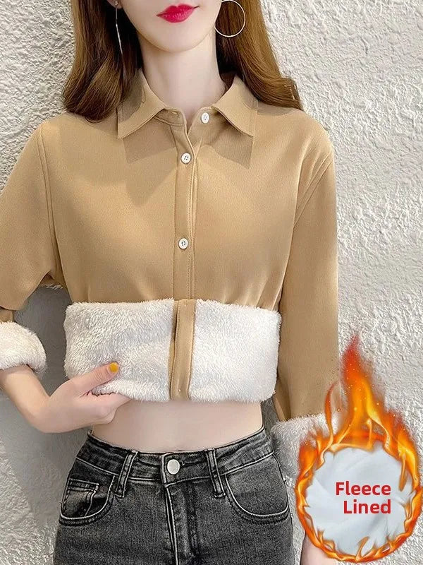 Women's Collared Fleece Lined Thickened Fashionable Shirt Korean Style Commute Wind Loose Fit Long Sleeve Warm Autumn Shirt