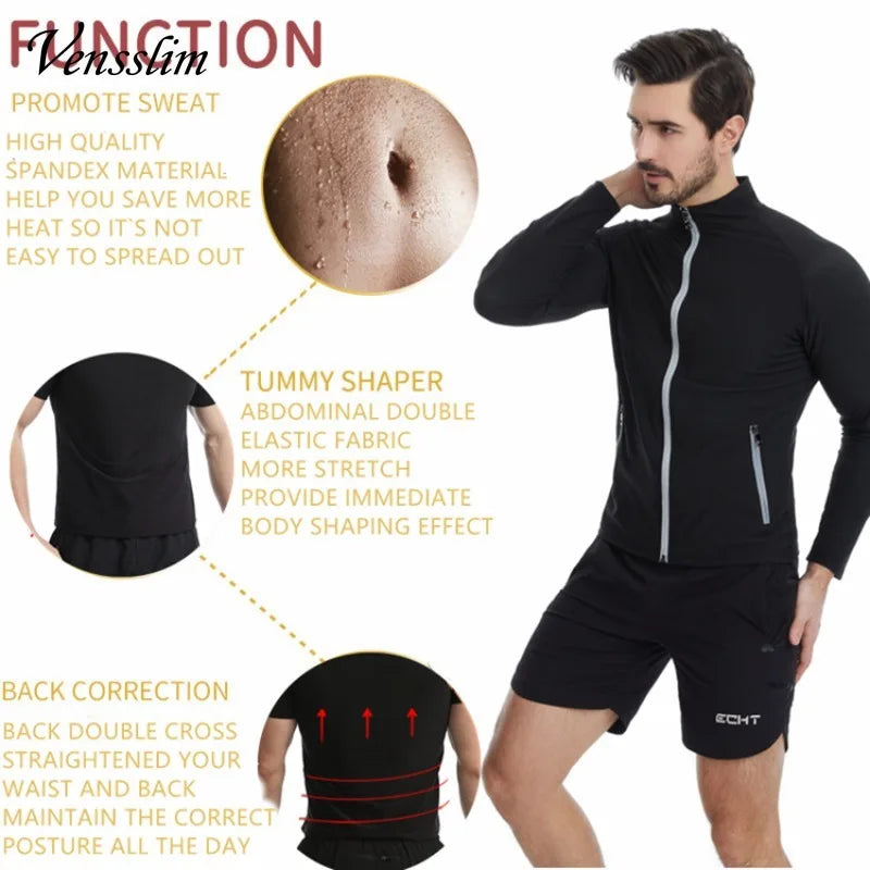 Vensslim Men Sauna Sweat Suit Zipper Waist Trainer Slimming Tops with Packet Fat Burner Body Shaper Belly Trimmer Slim Corset