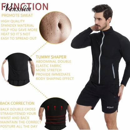 Vensslim Men Sauna Sweat Suit Zipper Waist Trainer Slimming Tops with Packet Fat Burner Body Shaper Belly Trimmer Slim Corset