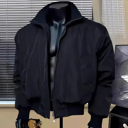 Casual American Style Men's Jacket Stand Collar Baseball Loose Fit Outerwear Windproof Zipper Closure Long Sleeve Pure Color