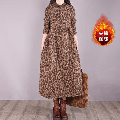 Retro Cotton Linen Long Dr Large Size Women's Faion Warmth  irt A-Line Skirt Floral Print Comfortable Loose Fit