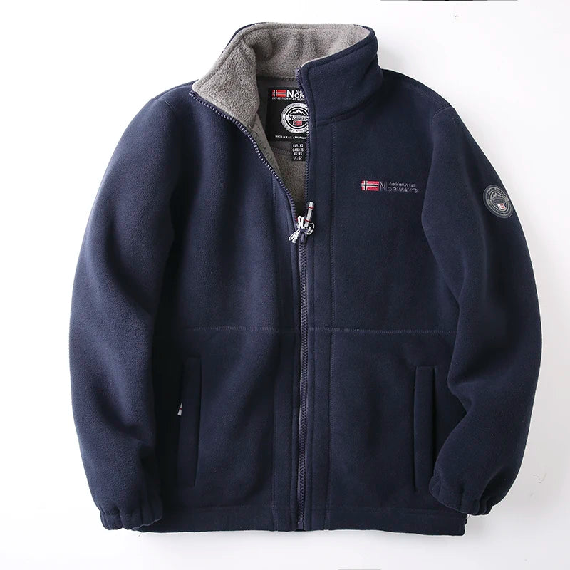 Men's Thickened Fleece Jacket Autumn Winter Double-sided Lamb Fur Hooded Coat Outdoor Windproof Zipper Short Style Polyester