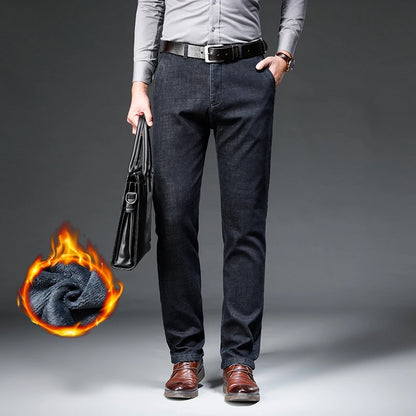 Fleece Jeans Men's Winter Thick Business Velvet Trousers Soft Fashion Brand Classic Straight Loose Warm Plush Denim Pants
