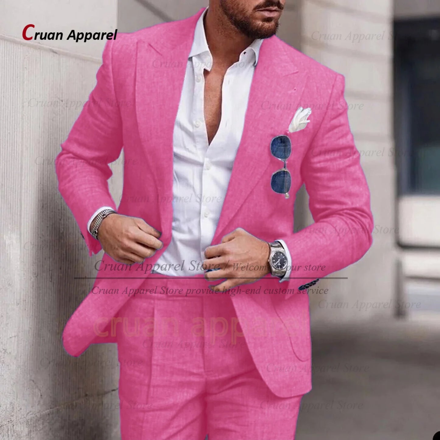 Fashion Sky Blue Linen Suit Set For Male Casual Party Fashion Blazer Pants 2Pieces Wedding Groomsman Formal Peaked Lapel Outfits
