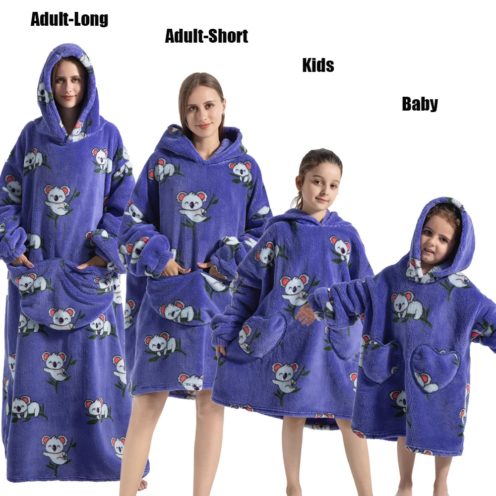 Halloween Family Matching Blanket Hoodies Women Cartoon Bear Dinosaur Sweatshirts Adult Oversized Warm Pullover Winter Clothes