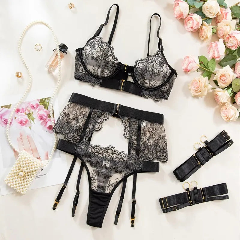 Luxury Black Flower Embroidery Lingerie 4 Pcs Sets Fancy Underwear Mesh Transparent Metal Buckle Bra and Thong Garter Erotic Set