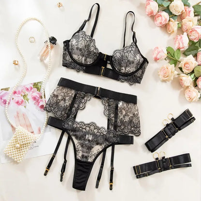 Luxury Black Flower Embroidery Lingerie 4 Pcs Sets Fancy Underwear Mesh Transparent Metal Buckle Bra and Thong Garter Erotic Set