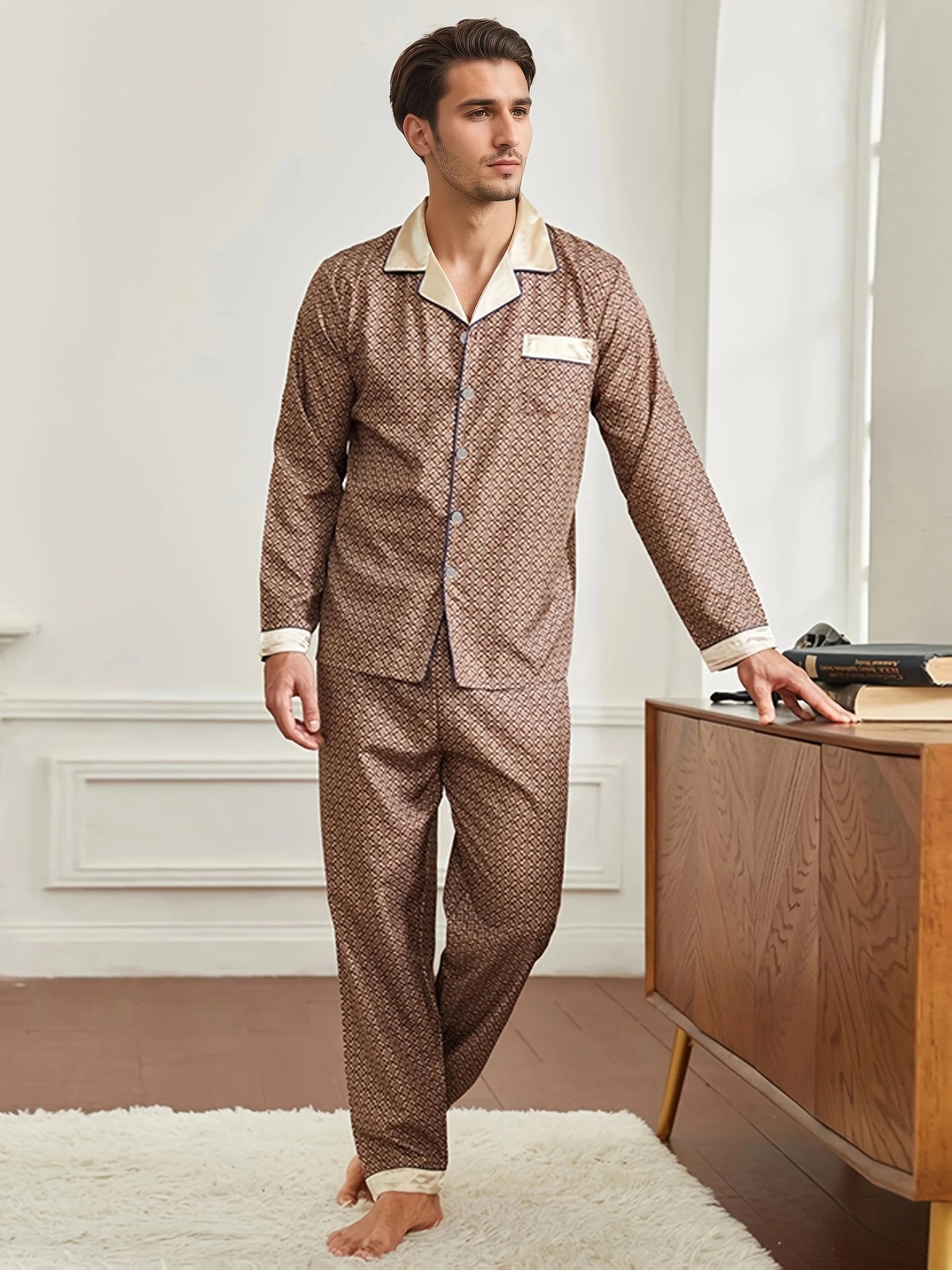 Men's Silky Satin 2PCS Pajama Set, Printed Long Sleeve Shirt & Elastic Waist Pants, Comfortable Homewear Loungewear Mens Pajamas