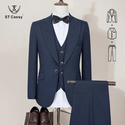 ST Cassy High Quality Men's Suit brown 3 pcs set Slim Fit Male Groom Wedding Blazers Party Dress  Suit Business Office