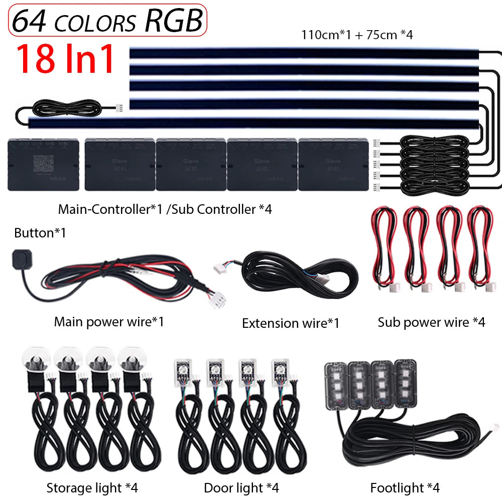18 in 1 Dual Zone Symphony LED Car Ambient Lights RGB 64 Colors Interior Rainbow Acrylic Strip Neon Atmosphere Lighting Kit App