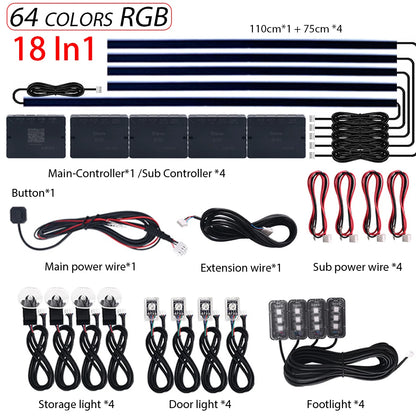 18 in 1 Dual Zone Symphony LED Car Ambient Lights RGB 64 Colors Interior Rainbow Acrylic Strip Neon Atmosphere Lighting Kit App