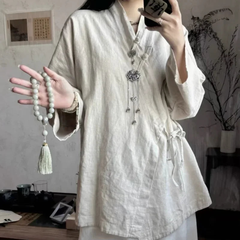 Autumn Fashion Woman Blouse 2024 Lace-up Vintage Blusa Mujer Long Sleeve Korean Women's Shirts Cotton Linen Solid Casual Camisas