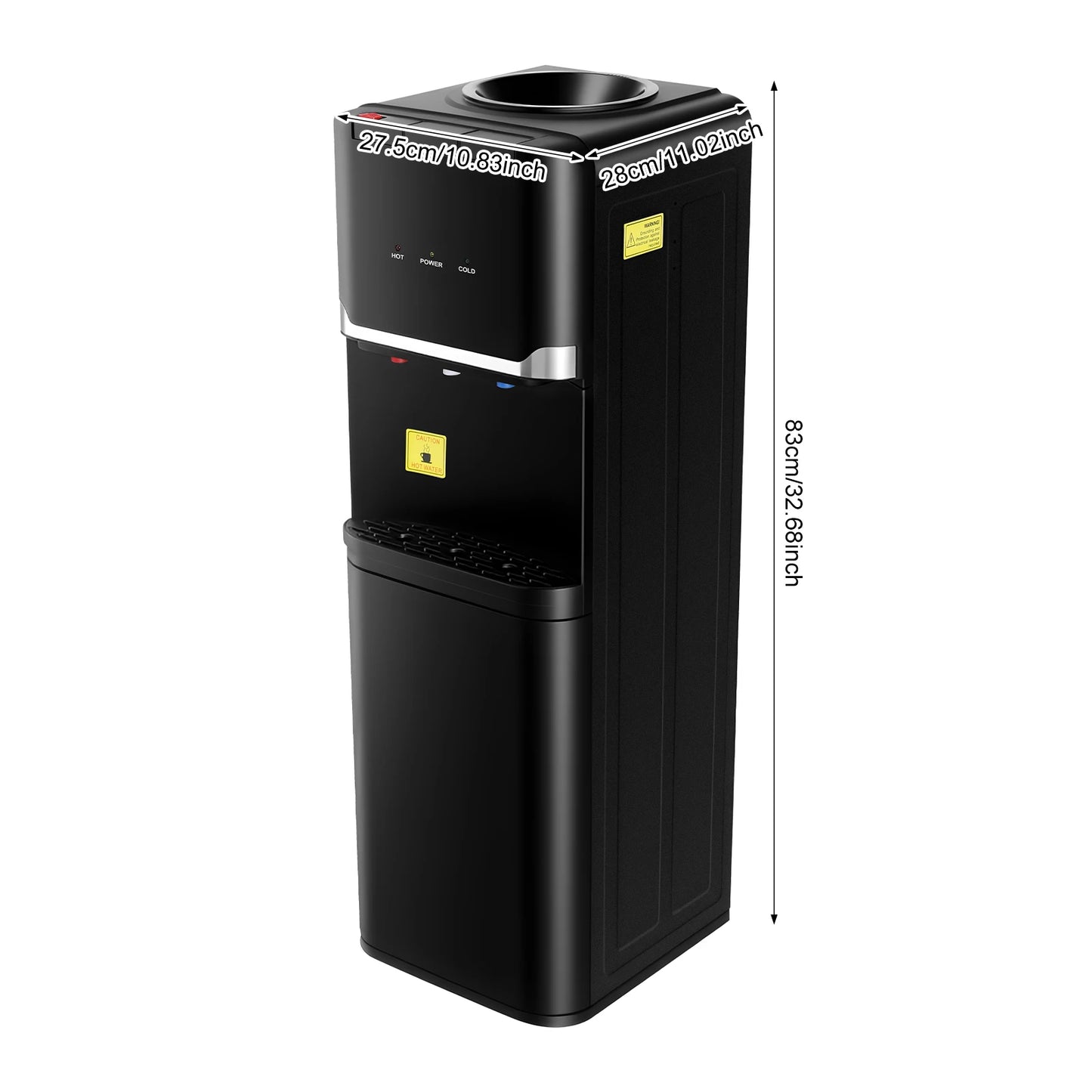 Water Dispenser Black Rectangle PP Injection Molding Floor Standing US Plug 110 127V 60Hz 1.5m Cord 75W Cooling 550W Heating 0.75L H Cold Output 5L H Hot Output Cold Water 10 15℃ Hot Water 85 95℃ Max 18.9L Bucket Indoor A