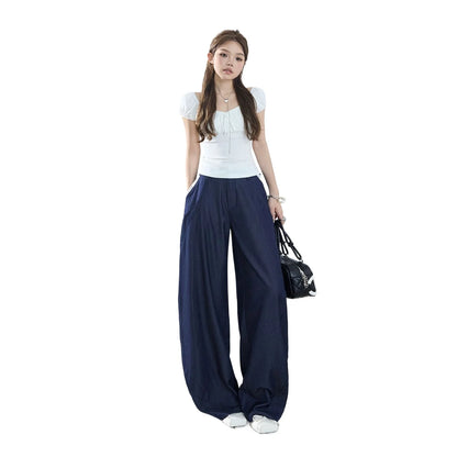 American-style retro loose wide-leg pants, lightweight curved pants, cool lace splicing, versatile casual pants for women