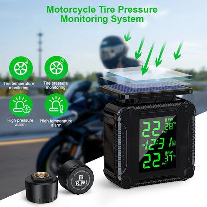 Powstation TPMS Wireless Motorcycle Tire Pressure Monitoring System Solar Charge Tyre Temperature Alarm System Colorful Display