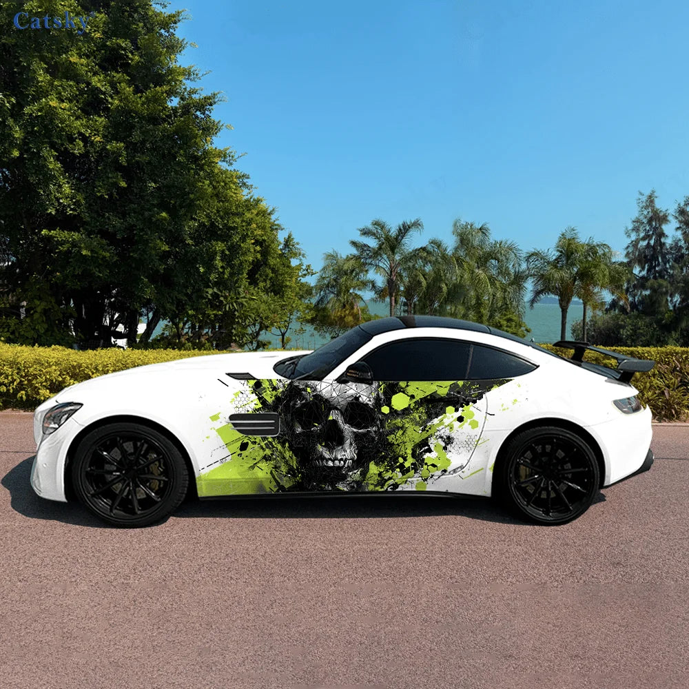 Striped Digital Pixel Skull Splash Car Side Sticker Decor,PVC Waterproof Scratch Resistant Decal,Car Protection,Auto Accessories