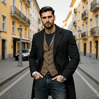Men's Double-Breasted Trench Style Coat Thickened Warm Lined Jacket Windproof Fashionable Outdoor Wear