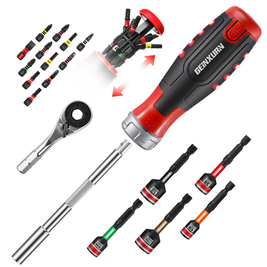 Geinxurn 19 PCS Ratcheting Screwdriver Set, Mini Rachet wrench,Rachet bit Handle and Nut Driver with Impact S2 Screwdriver Bits