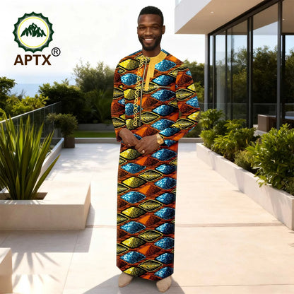APTX Men's Traditional Muslim Robe 3-Pcs Set Long Sleeves African Dress Middle East Jubba Thobe Wedding Suit