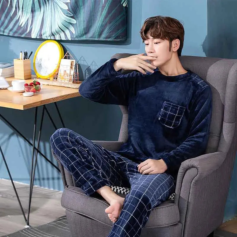 2pcs/Set Fall And Winter Facecloth Men's Pajamas Padded Thickened Warm Long-Sleeved Teenagers Coral Fleece Homewear boy clothes