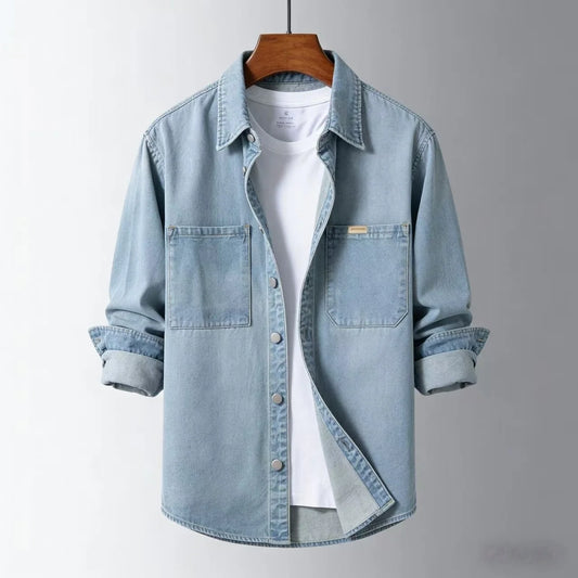 Men's Spring New American Retro Denim Non Stretch Shirt Versatile Casual Workwear Jacket Classic Style Spring Autumn Outerwear