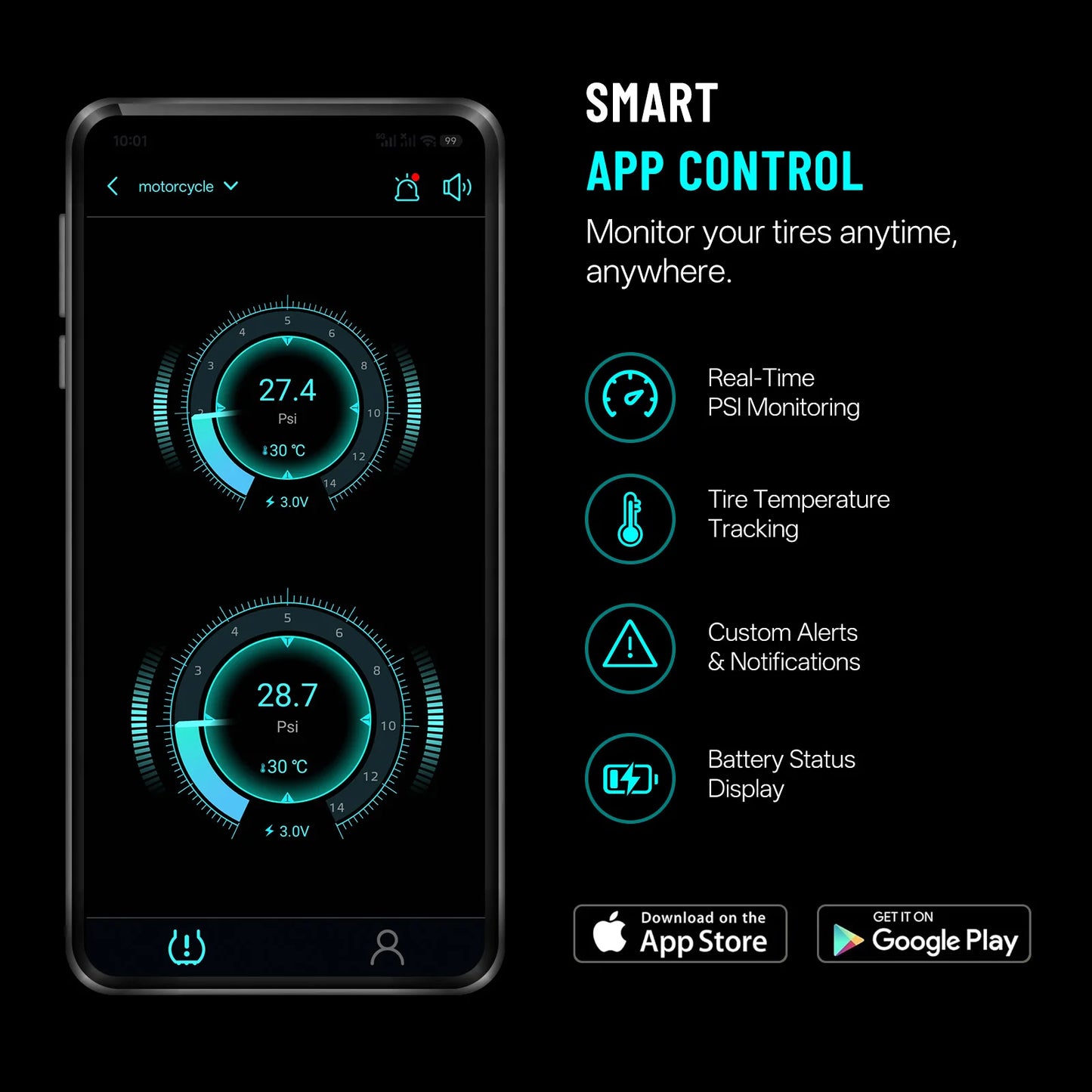 Motorcycle TPMS, Bluetooth 5.0 APP Real-Time Pressure & Temperature Alarm, IP67 Waterproof for Motorbike Scooter ATV