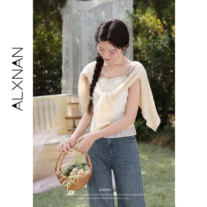 ALXNAN Cream Yellow Plaid Spliced Camisole Women 2026 Summer Elegant Sweet Beach Sleeveless Tops Casual Bow Design Camis L62323