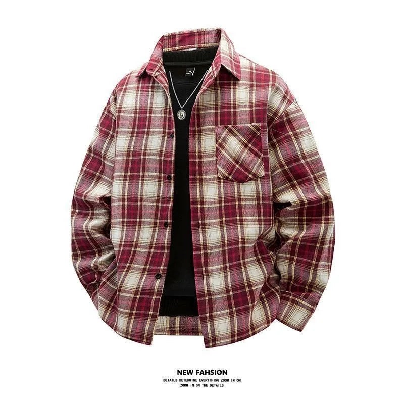 Japanese Style Plaid Long Sleeve Cotton Shirt Men's Retro Autumn Spring Outerwear Casual Loose Fit Print Shirt for Youth