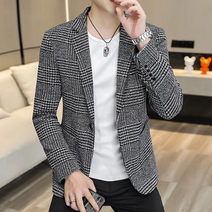 High-quality Men's Fashionable Small Suit Korean-style Slim-fit Top, Cool and Casual Plaid Single Suit, Trendy Formal Jacket