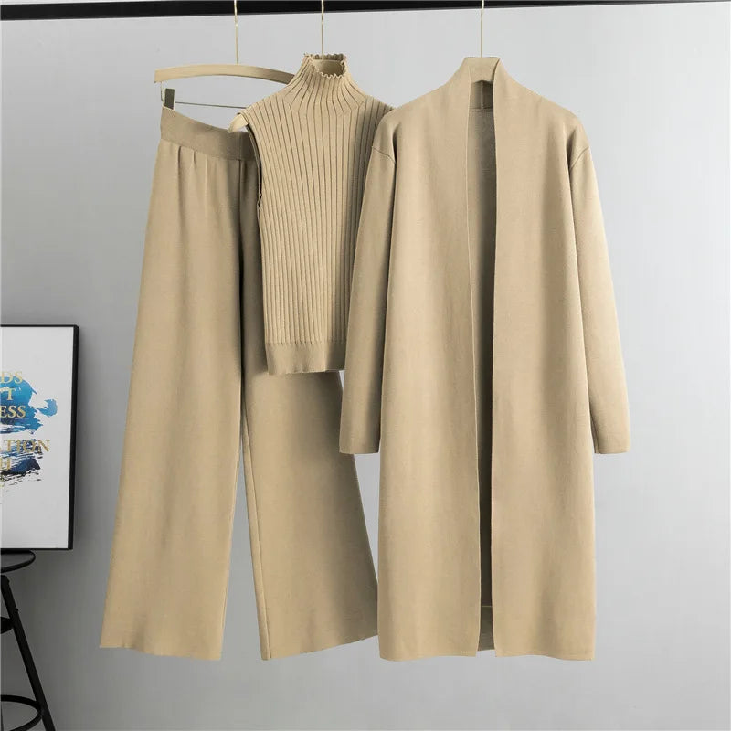 2025 Autumn Winter Women Long Cardigan 3 Piece Set Knit Pants High Neck Vest Wide Leg Trousers Outfit