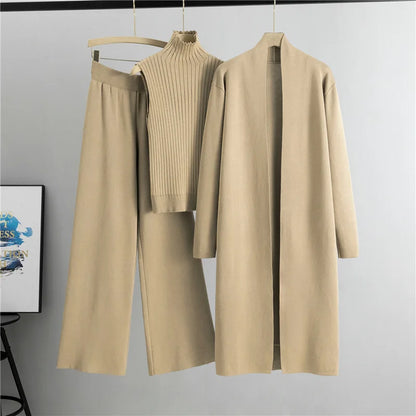 2025 Autumn Winter Women Long Cardigan 3 Piece Set Knit Pants High Neck Vest Wide Leg Trousers Outfit