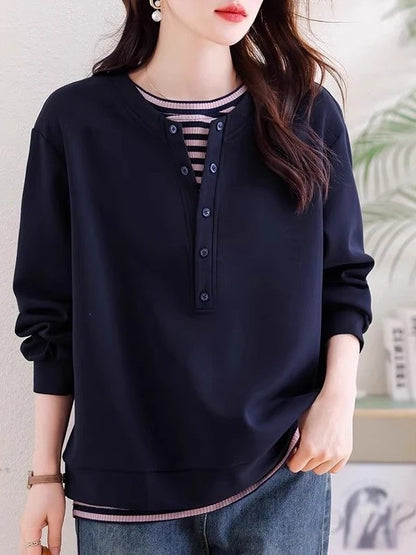 plus Size Fashionable Striped Mock Two-Piece Sweatshirt Casual Loose Women's Autumn Top round Neck Long Sleeve Commute Style