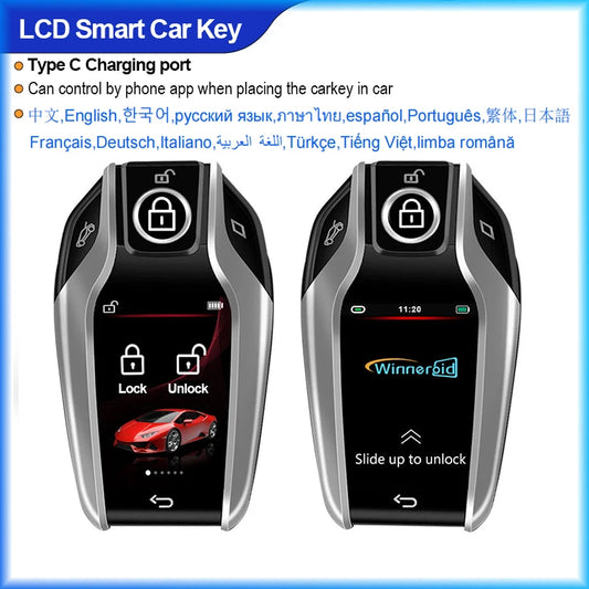 LCD Smart Car Key Display 4 Buttons Multi Language Type C Charging Keyless Entry Carkey