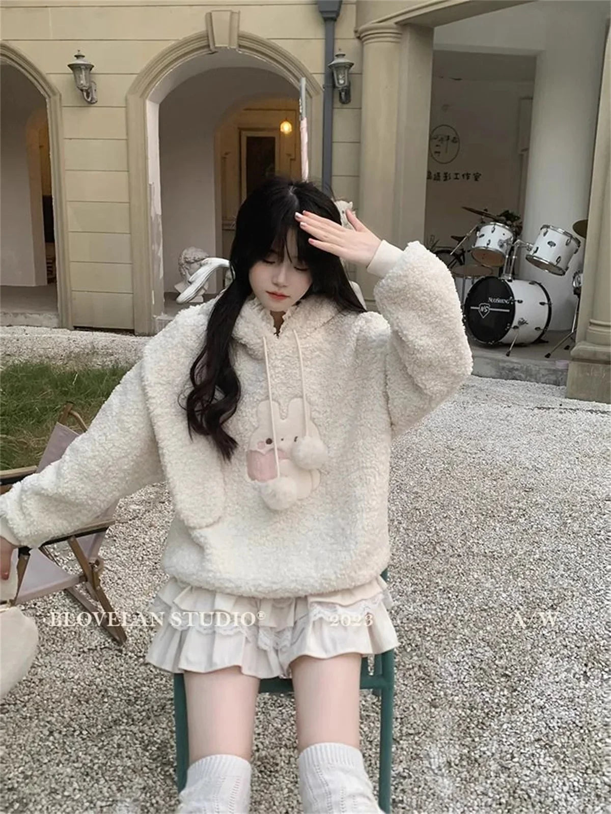 Winter Design Sense Hoodies Warm Rabbit Long Ears Women Sweatshirt Girl Lolita Hooded Zip-up Casual Sweatshirts Harajuku Hoodie