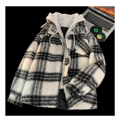 American Fake Two Piece Checker Coat Men's Autumn and Winter New China-Chic Warm Retro Woolen Hoodie