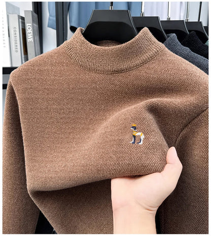 High End Embroidered Snow Carved Velvet Semi High Neck with Thick Velvet Men's Sweater Winter Semi High Neck Base Sweater