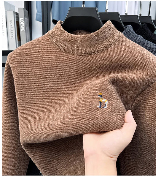 High End Embroidered Snow Carved Velvet Semi High Neck with Thick Velvet Men's Sweater Winter Semi High Neck Base Sweater