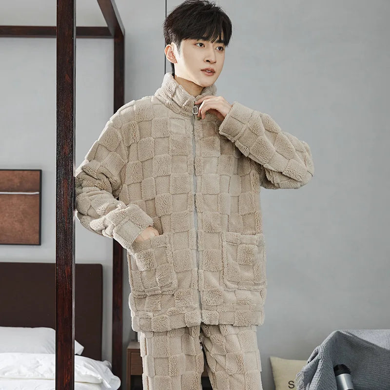 2025 New Couple Sleepwear Men's Autumn Winter Stand Collar Zipper Thick Long Sleeve Coral Fleece Home Clothes Men's Pyjamas