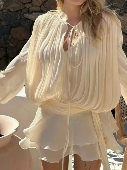 TWOTWINSTYLE Solid Blouse Mini Dresses For Women V Neck Long Sleeve Spliced Lace Up Sweet Style Dress Female Clothing Fashion