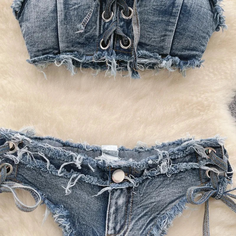 Retro Women Bikini Denim Suits Summer Halter Camis+ Mini Pant Lingerie Fashion Vacation Swimsuits Sexy Bra&Briefs Sets